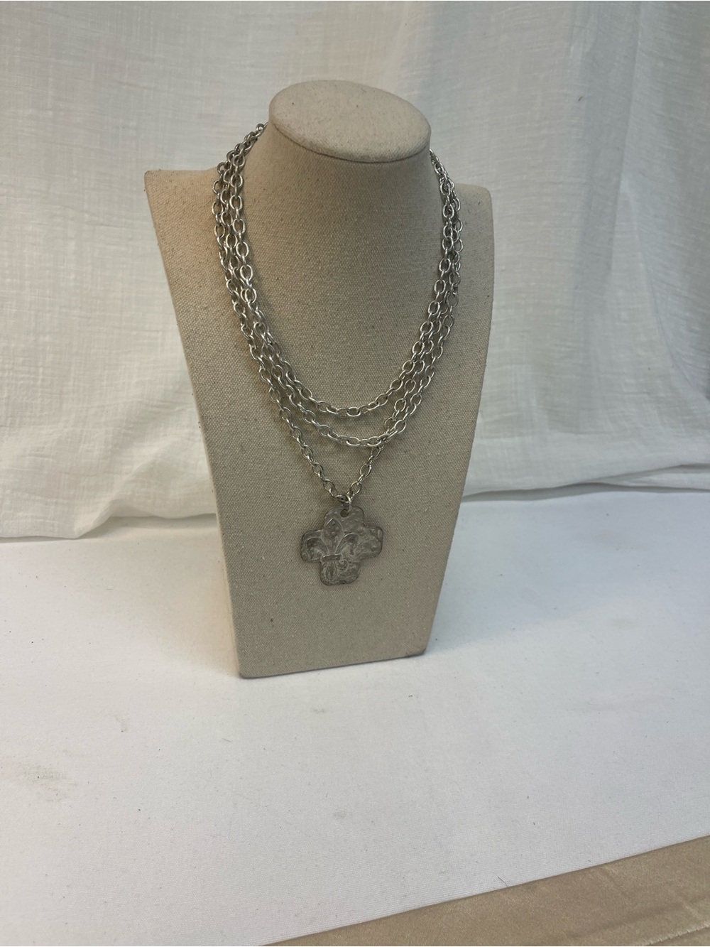 Triple-Strand Silver Necklace with Fleur-de-Lis Pendant